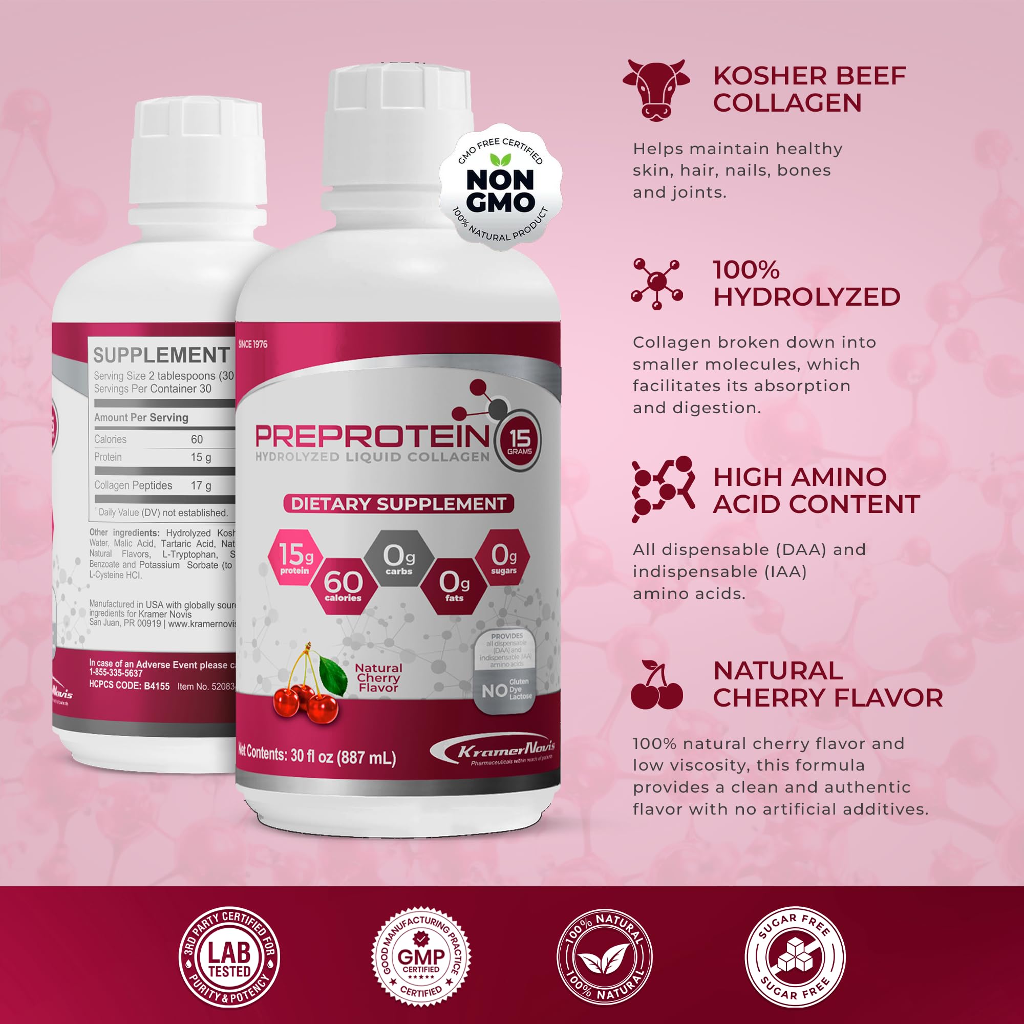 PreProtein 15 liquid bottle pour captures easy portioning for quick, sugar-free protein boosts.
