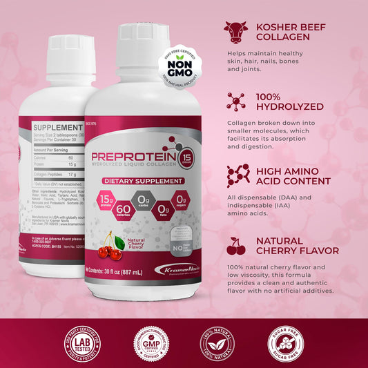 PreProtein 15 liquid bottle pour captures easy portioning for quick, sugar-free protein boosts.