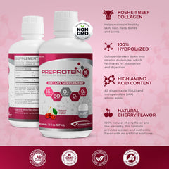 PreProtein 15 liquid bottle pour captures easy portioning for quick, sugar-free protein boosts.