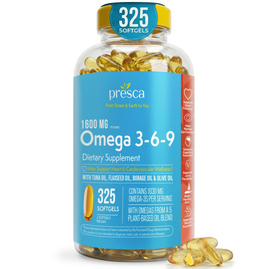 Presca Omega 3-6-9 softgels bottle, daily support for heart and eye health.