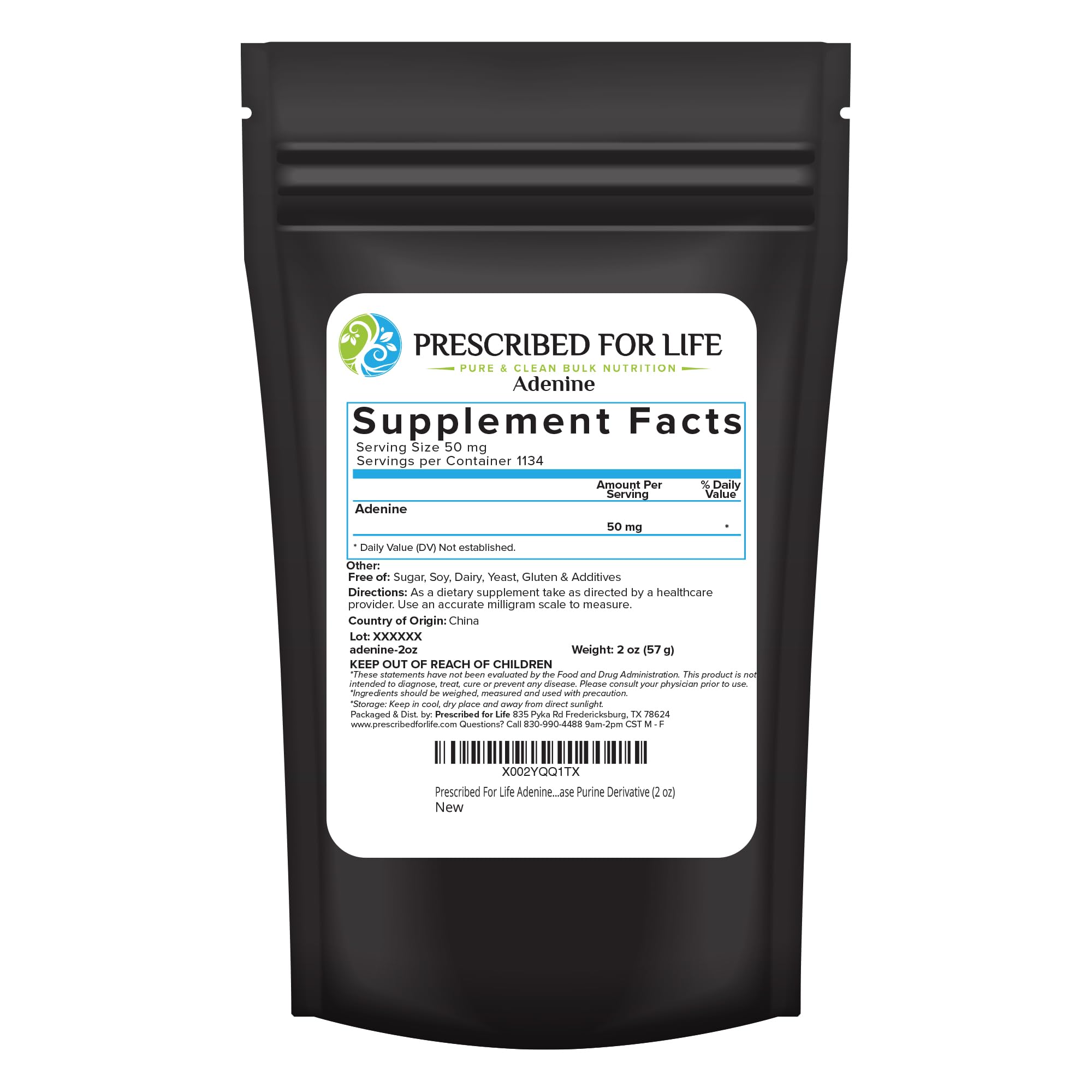 Prescribed For Life adenine powder in resealable pouch for easy storage and freshness.