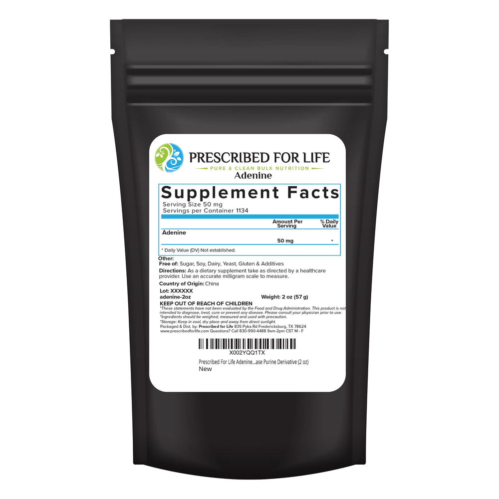 Prescribed For Life adenine powder in resealable pouch for easy storage and freshness.