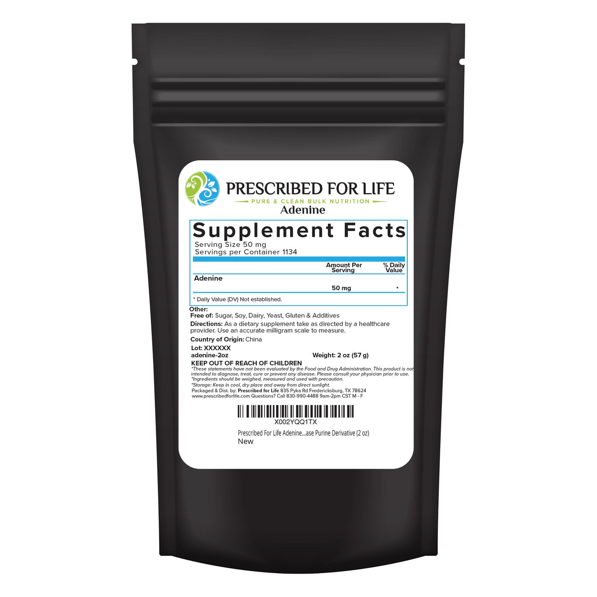 Prescribed For Life adenine powder in resealable pouch for easy storage and freshness.