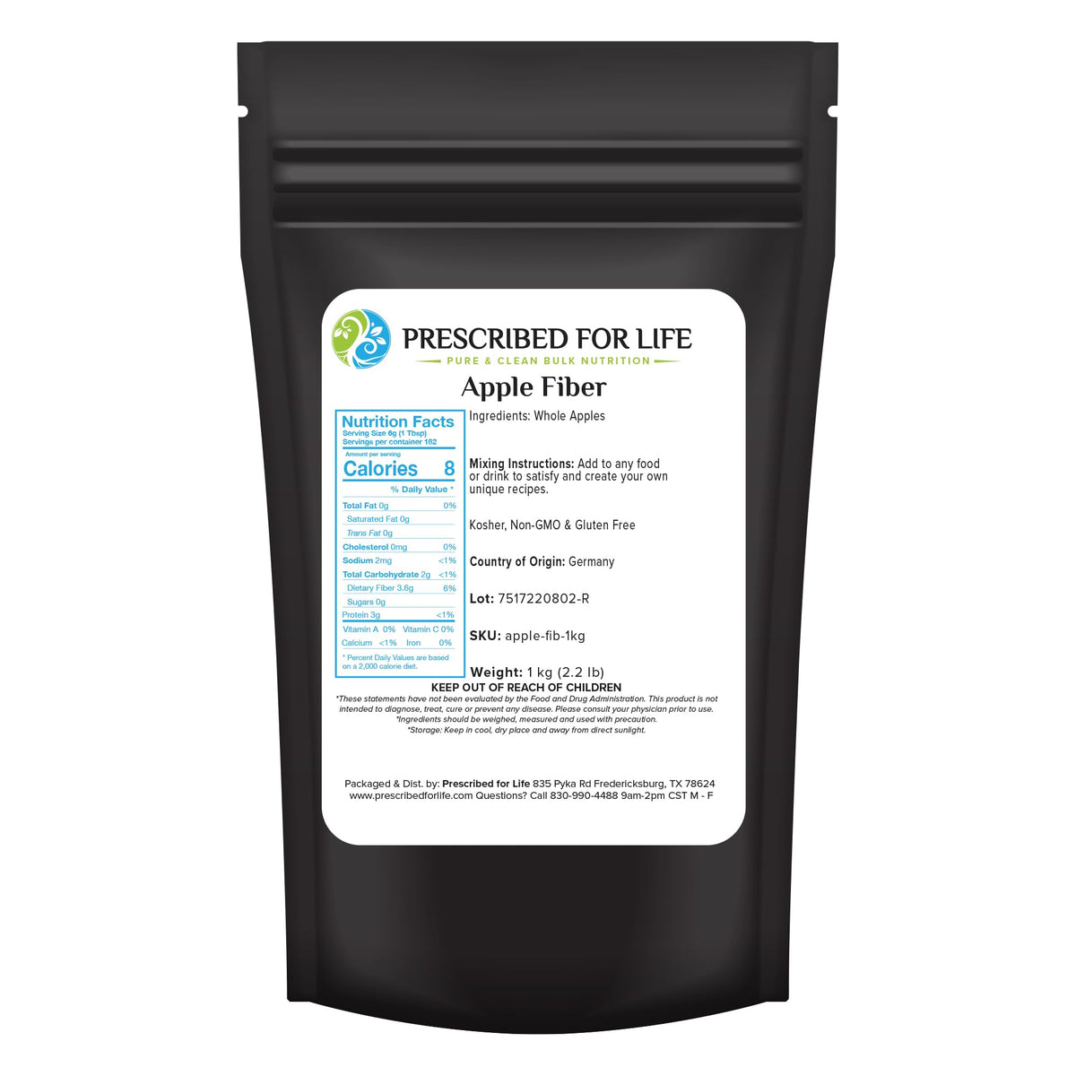 Prescribed For Life Apple Fiber Powder packaging highlights pure fiber source for daily digestion.