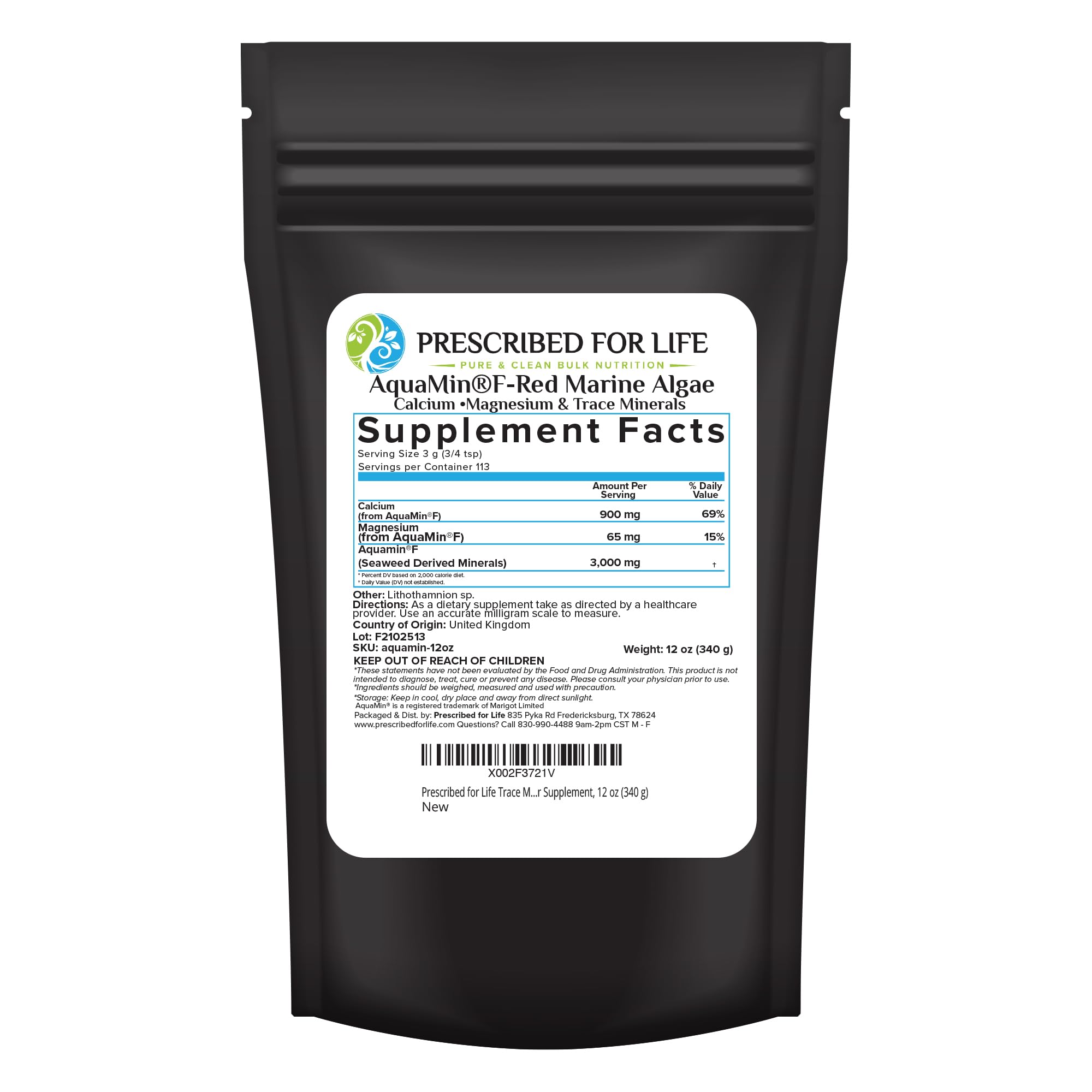 Prescribed For Life Aquamin powder bottle front, mineral-rich red algae source.