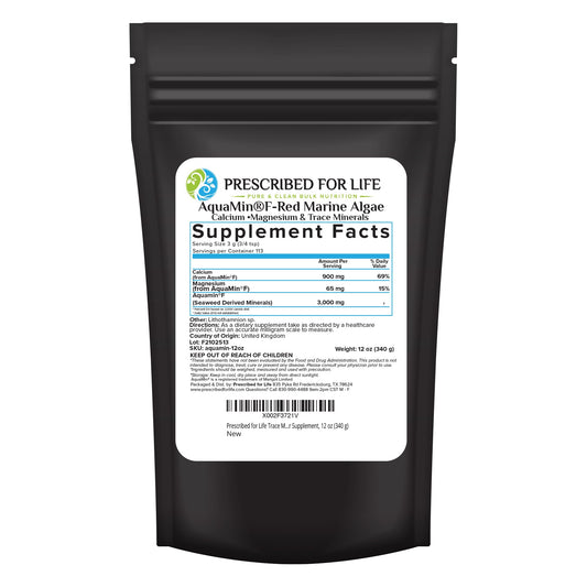 Prescribed For Life Aquamin powder bottle front, mineral-rich red algae source.