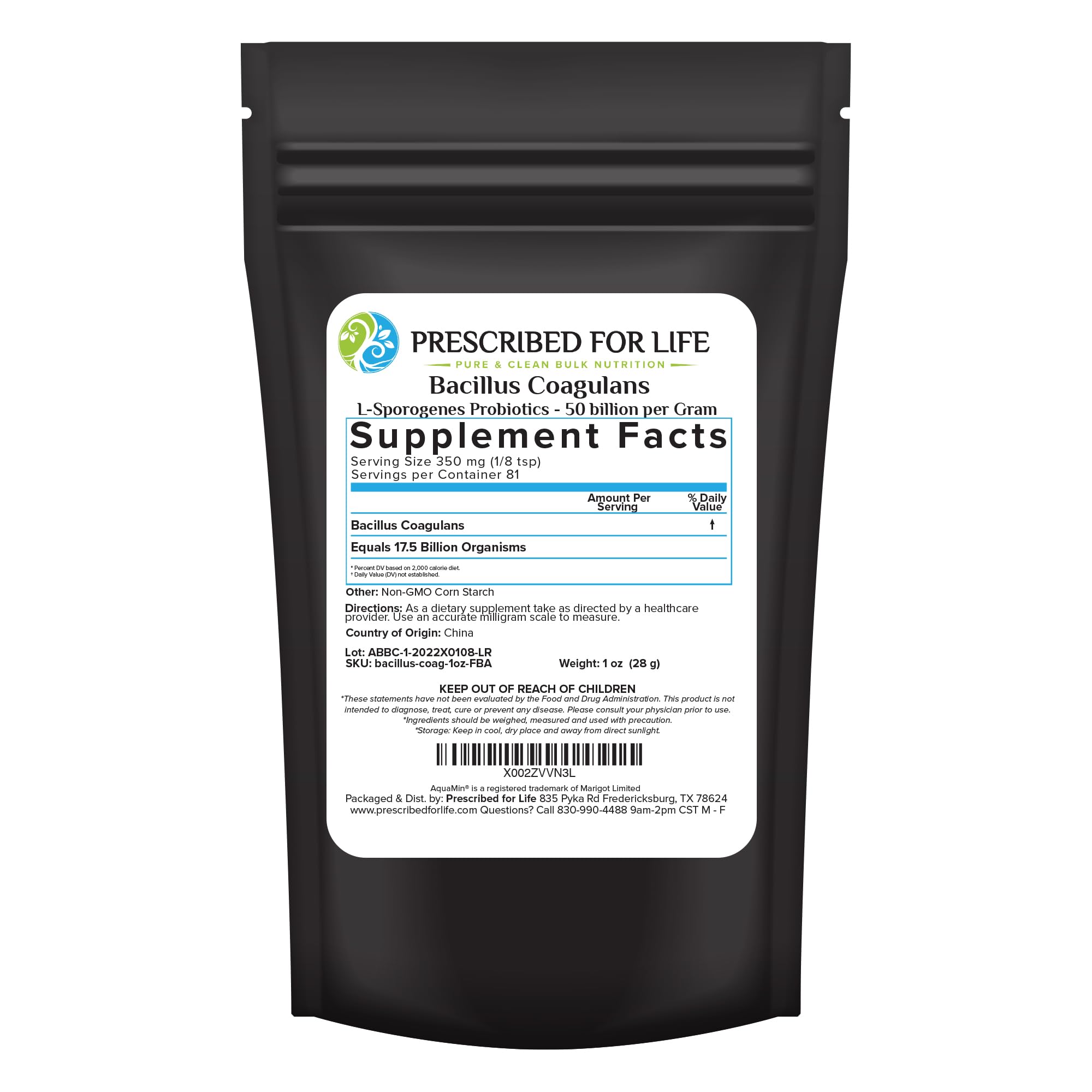 Prescribed For Life Bacillus Coagulans powder bottle for easy daily gut support