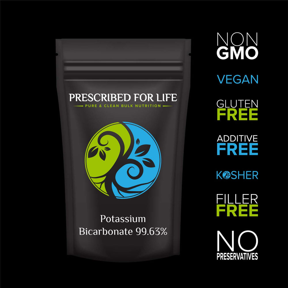 Potassium bicarbonate powder in kitchen setup for baking and fermentation by Prescribed For Life.