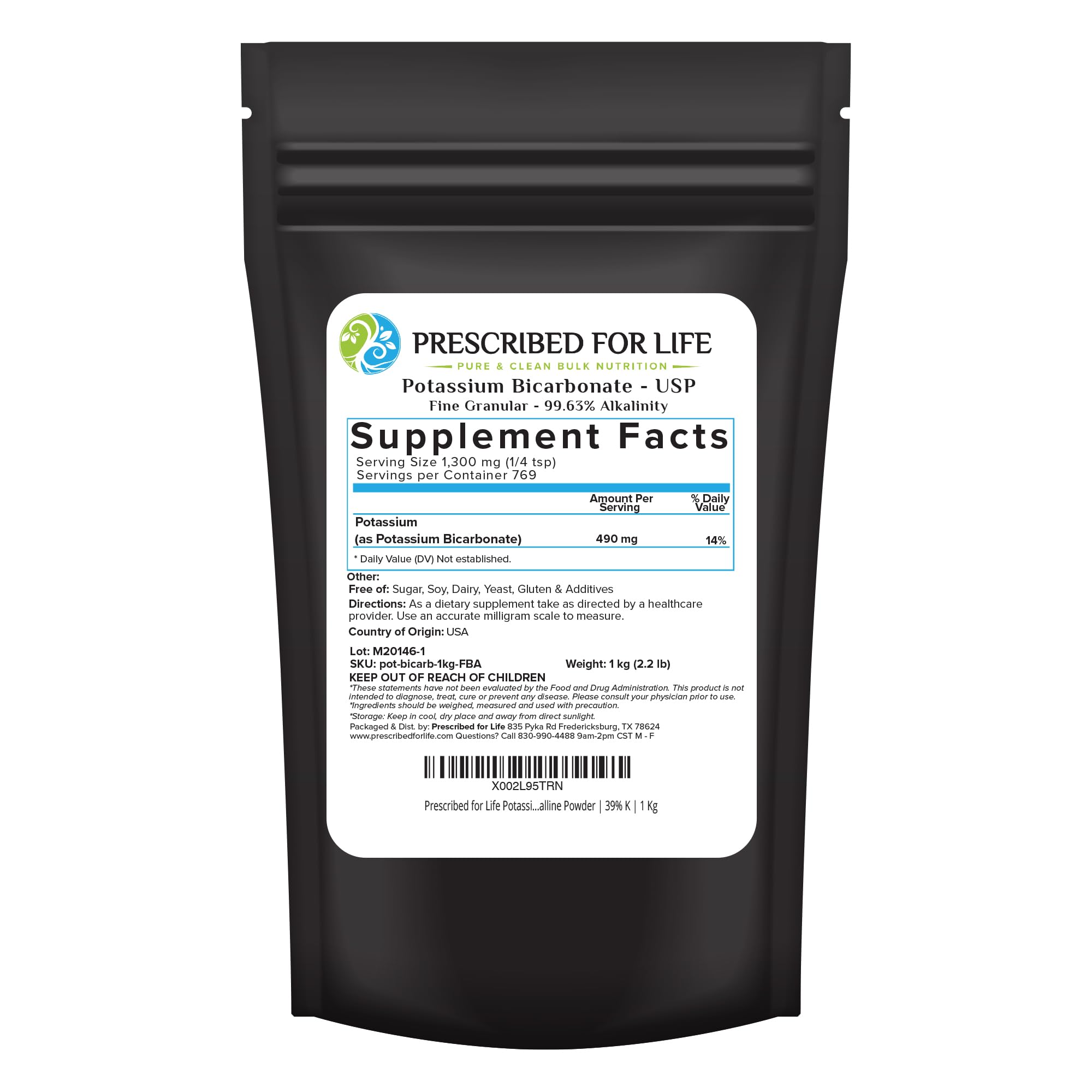 Prescribed For Life potassium bicarbonate powder packaging shown, purity for kitchen and garden uses.