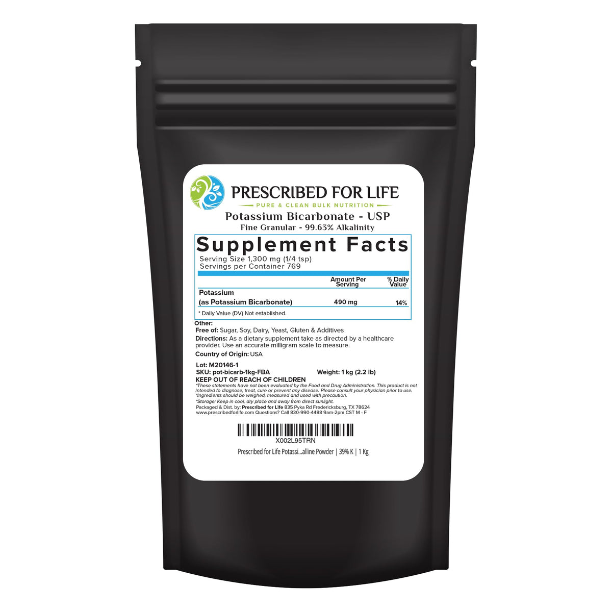 Prescribed For Life potassium bicarbonate powder packaging shown, purity for kitchen and garden uses.