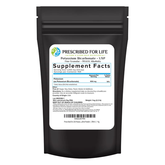 Prescribed For Life potassium bicarbonate powder packaging shown, purity for kitchen and garden uses.