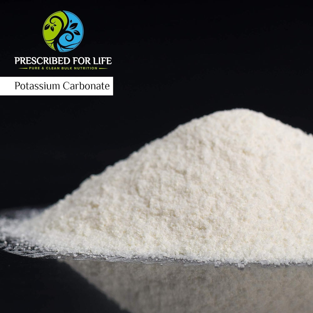 Prescribed For Life potassium carbonate powder closeup shows a pure, crystal-white texture.
