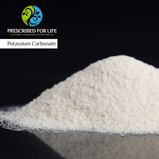 Prescribed For Life potassium carbonate powder closeup shows a pure, crystal-white texture.