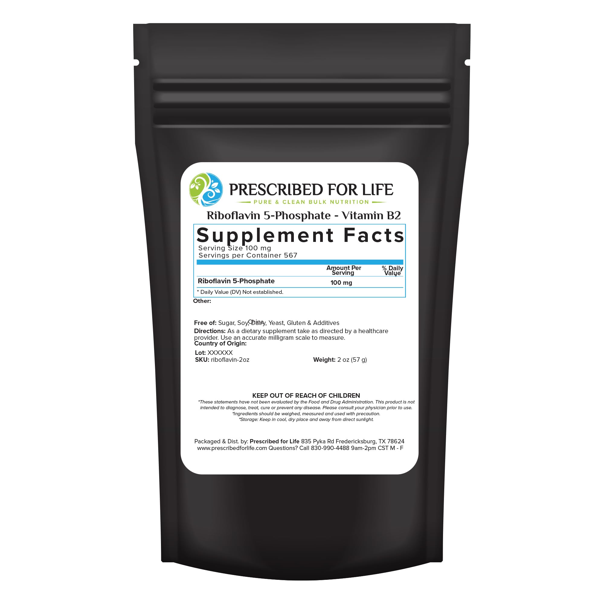 Prescribed For Life riboflavin powder bottle front view showing pure vegan B2.