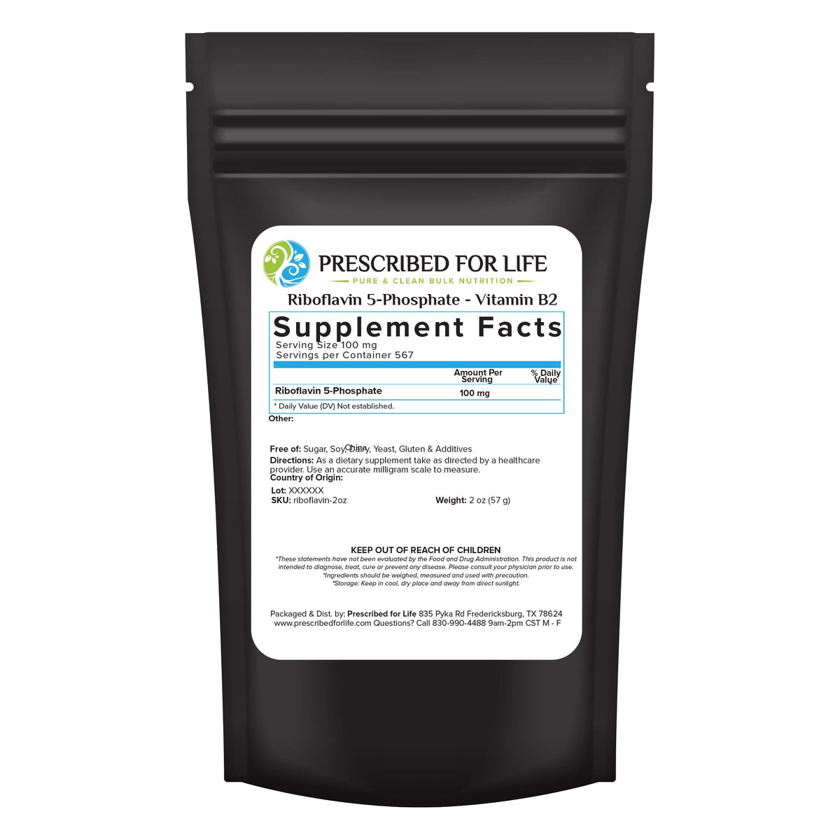 Prescribed For Life riboflavin powder bottle front view showing pure vegan B2.
