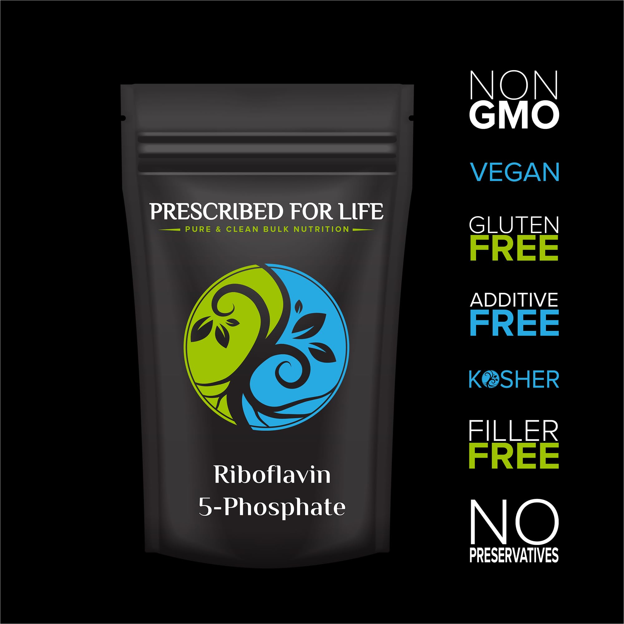 Prescribed For Life riboflavin powder packaging label highlights quality and third-party testing.
