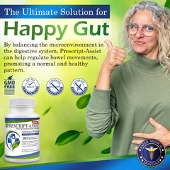 Prescript-Assist bottle close-up highlighting capsule count for daily gut support