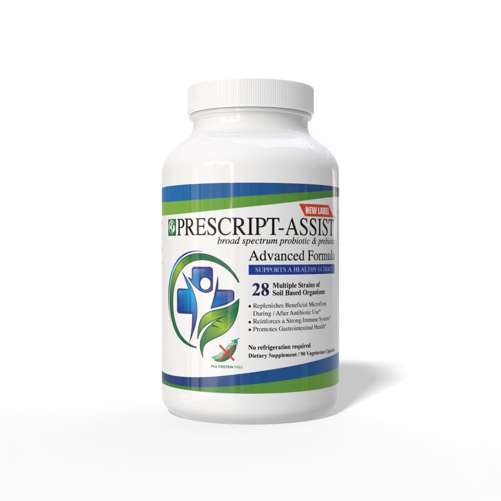 Prescript-Assist bottle front shows compact shelf-stable packaging for daily probiotic use