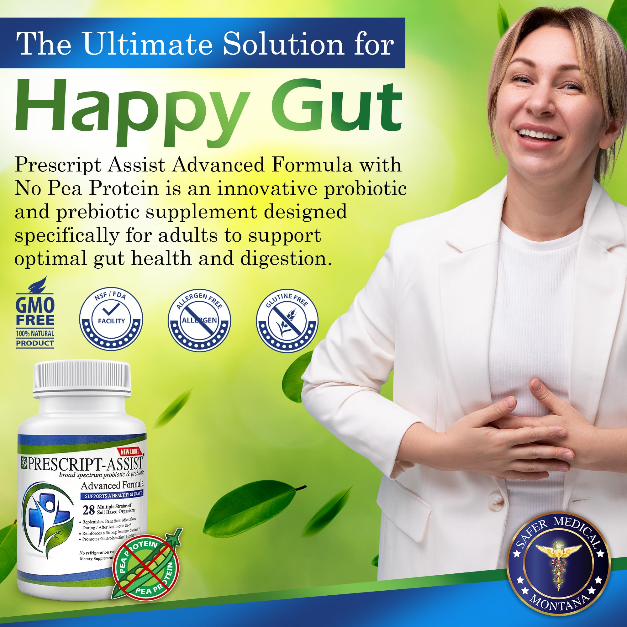 Prescript-Assist capsules close-up highlighting 28 soil-based strains for gut support