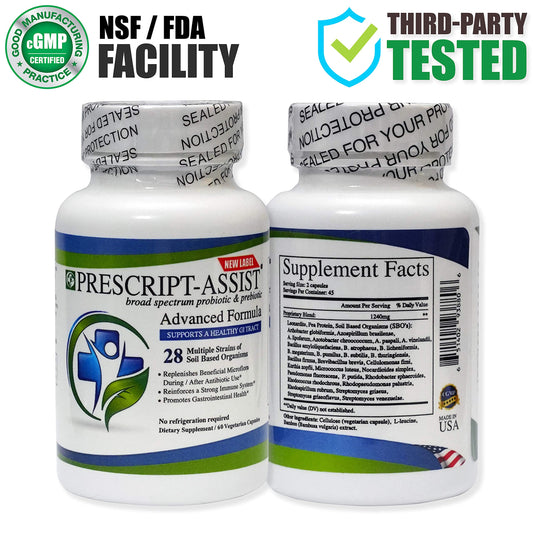 Close-up of Prescript-Assist capsules showing a plant-based probiotic formula.