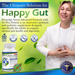 Prescript-Assist capsules close-up highlighting 28 soil-based strains for gut support