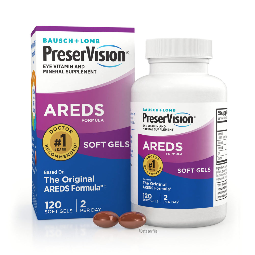 PreserVision AREDS softgel bottle supports daily eye health routine.