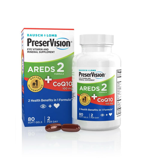 PreserVision AREDS2 eye vitamins bottle showing lutein, zeaxanthin, zinc, and CoQ10 for eye support.