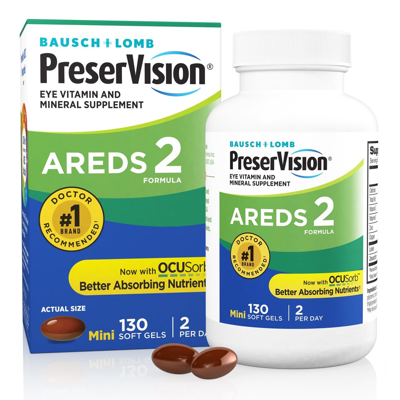 PreserVision AREDS2 bottle highlighting the six-nutrient formula for eye support.