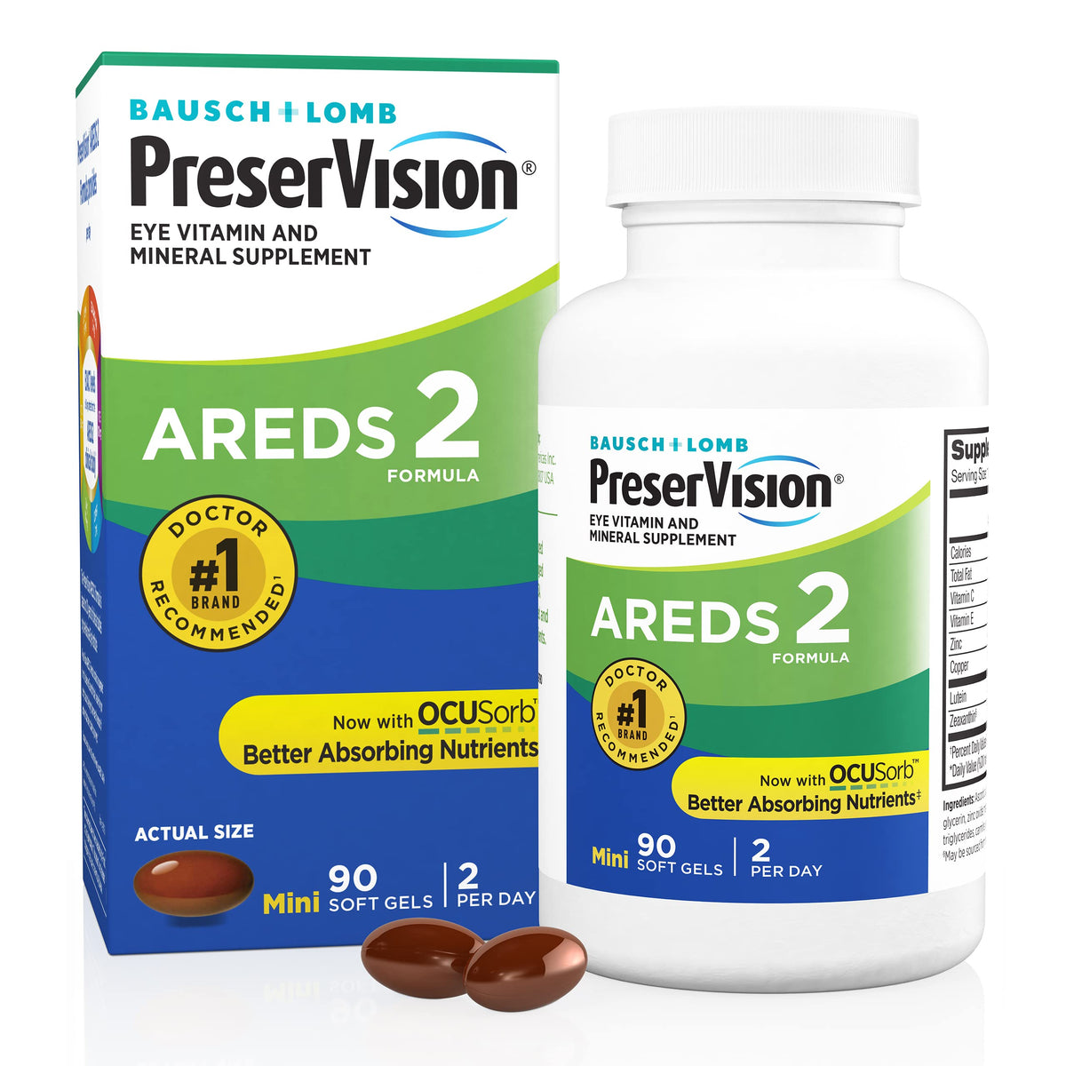 PreserVision AREDS2 softgels bottle for daily eye health support.