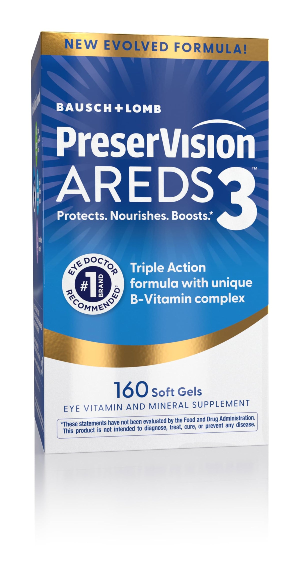 PreserVision AREDS3 bottle front with softgels for daily eye health support.