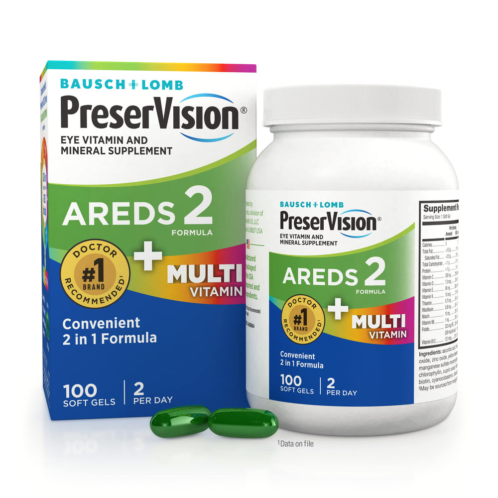 PreserVision AREDS 2 + Multivitamin bottle shows convenient 2-in-1 formula for daily eye health.