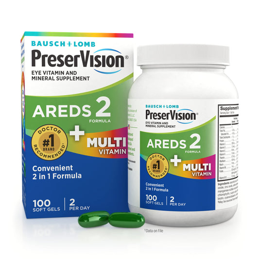PreserVision AREDS 2 + Multivitamin bottle shows convenient 2-in-1 formula for daily eye health.