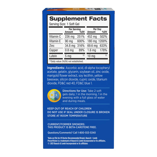 PreserVision lutein formula bottle highlights lutein for macular support and blue light filtration