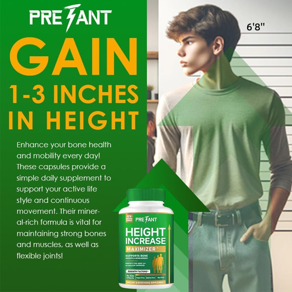 PRETANT Growth Capsules ingredients panel highlights calcium and vitamins for bone-friendly nutrition.