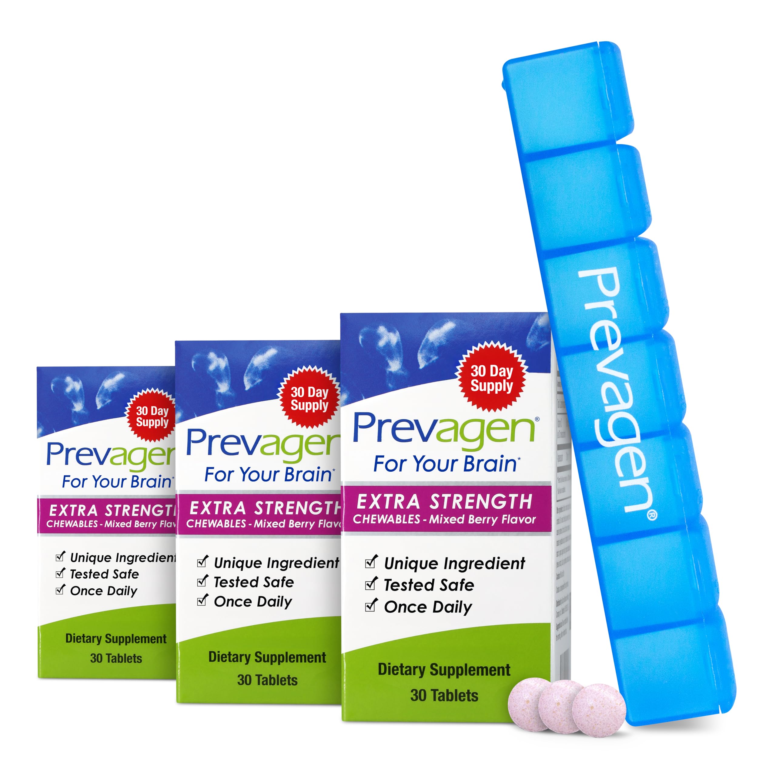 Prevagen Extra Strength mixed berry chewables bottle for daily supplement routine