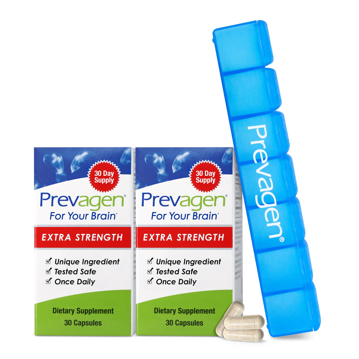 Prevagen Extra Strength bottle front with two-pack box for daily brain support