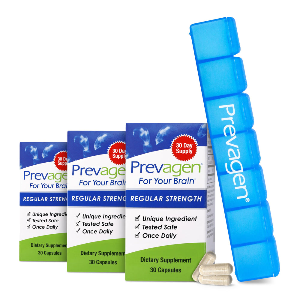Prevagen Regular Strength bottle with 90 capsules, potential daily memory and focus support.