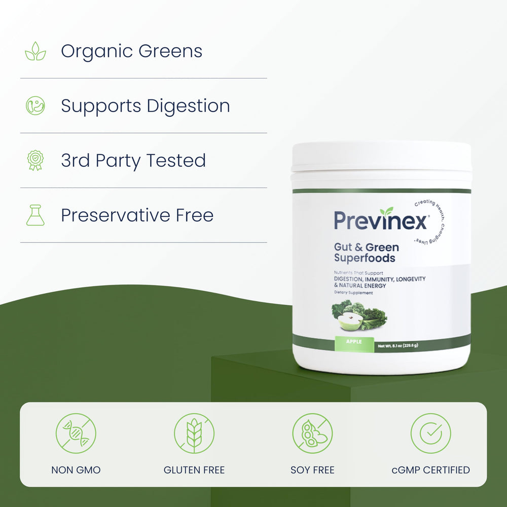 Previnex Gut & Green powder scoop ready to mix for clean energy and digestion