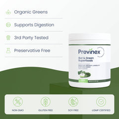 Previnex Gut & Green powder scoop ready to mix for clean energy and digestion