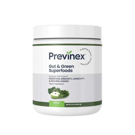 Previnex Gut & Green Superfoods bottle showing organic greens for daily vitality