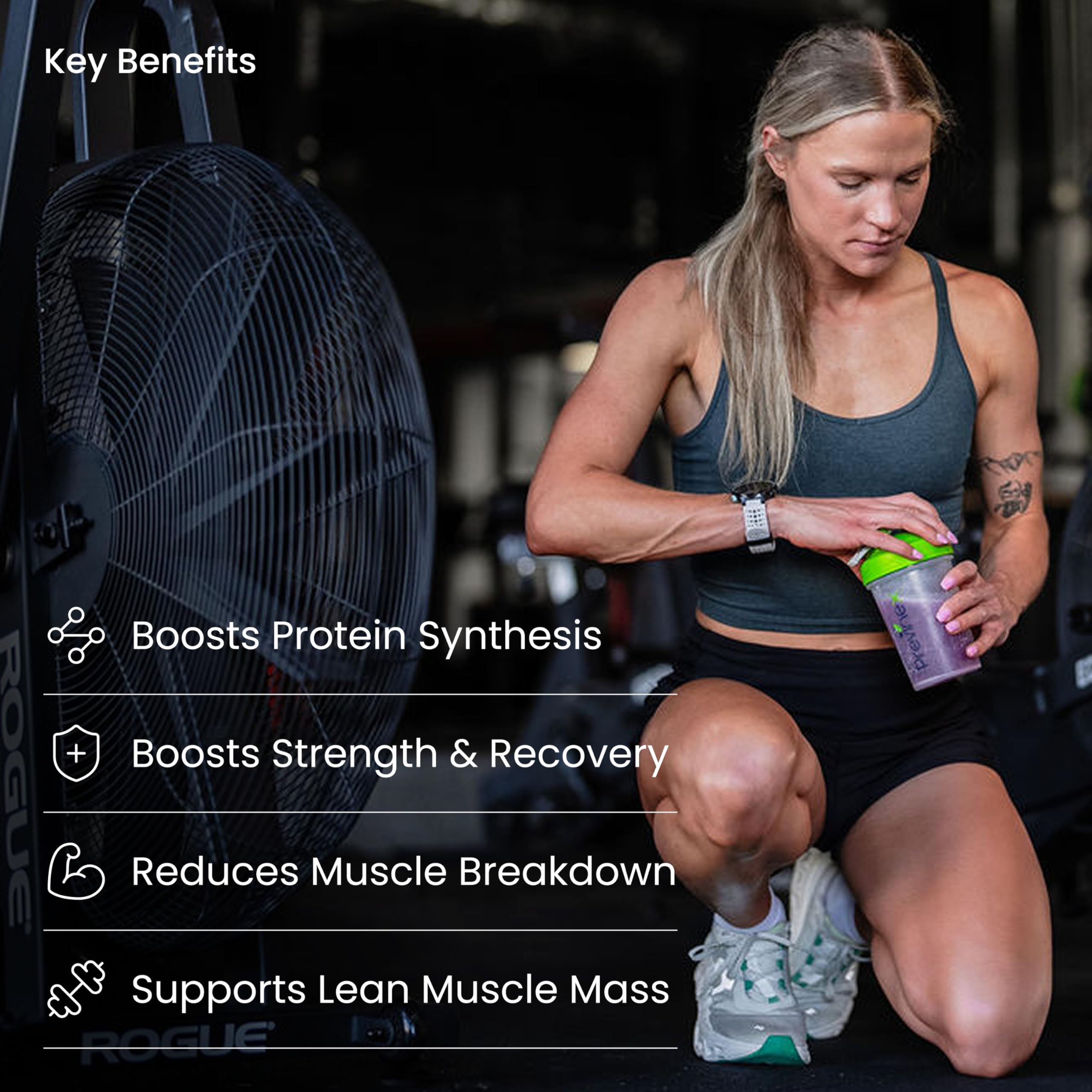 Previnex Muscle Health Plus powder close-up showing creatine and amino acids.