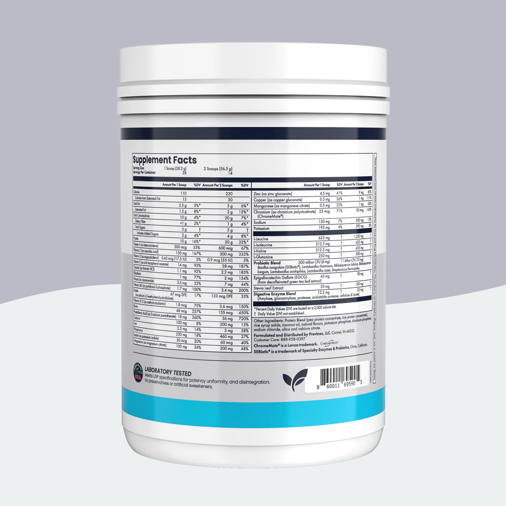 Previnex Nourify Plus protein powder bag showing plant-based protein source
