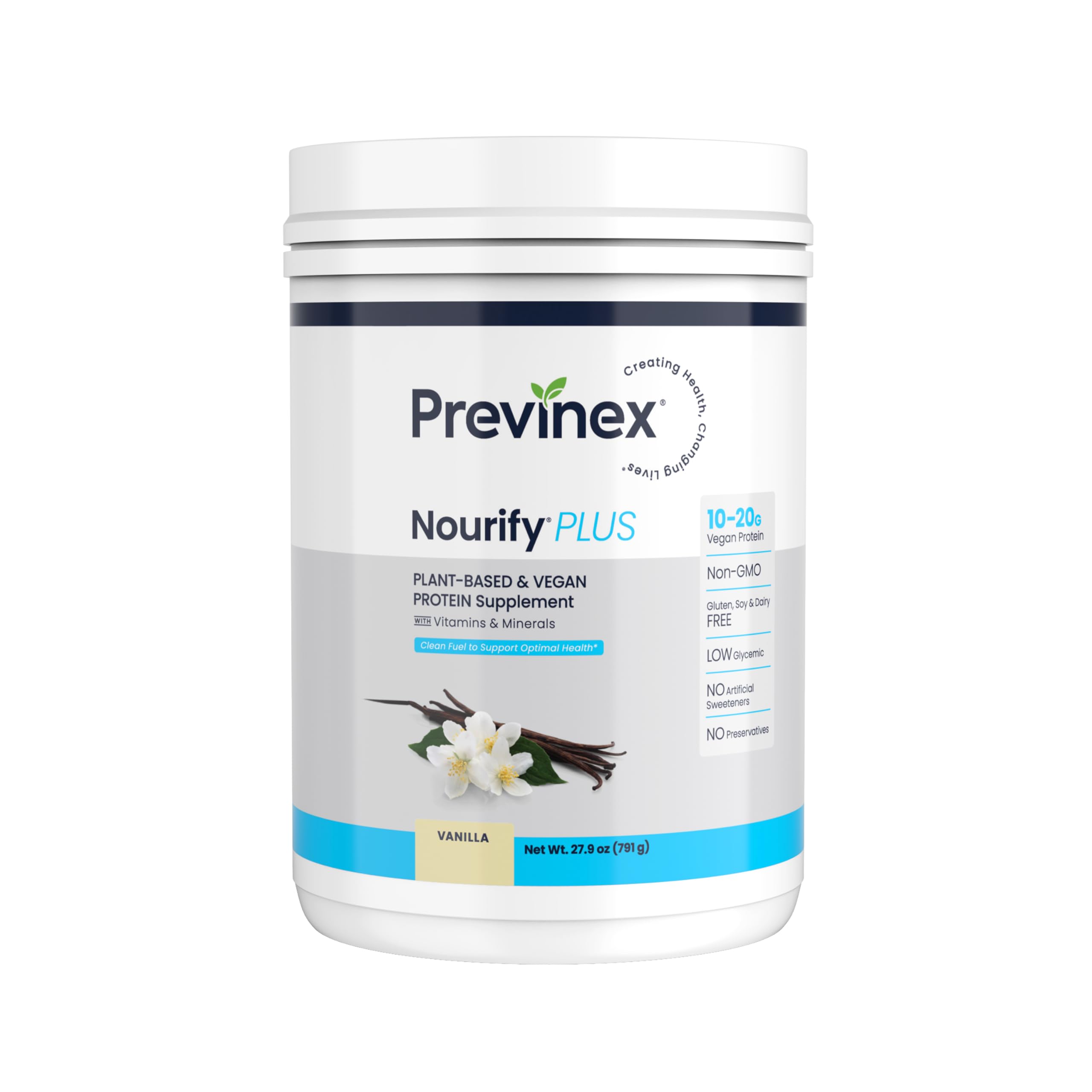 Previnex Nourify Plus vanilla shake glass highlighting high protein and clean energy