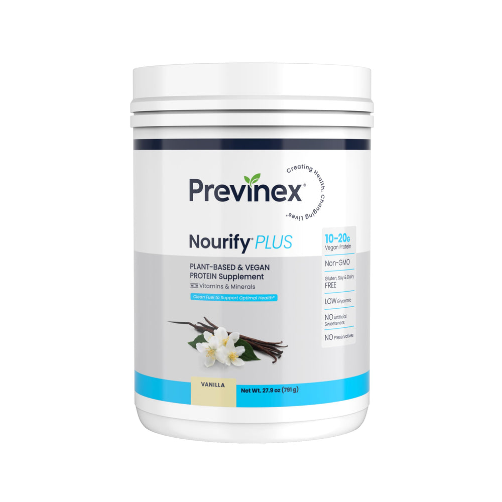Previnex Nourify Plus vanilla shake glass highlighting high protein and clean energy