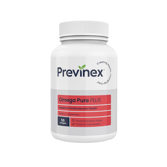 Previnex Omega Pure Plus bottle with triple-strength omega-3 for daily heart and brain support.