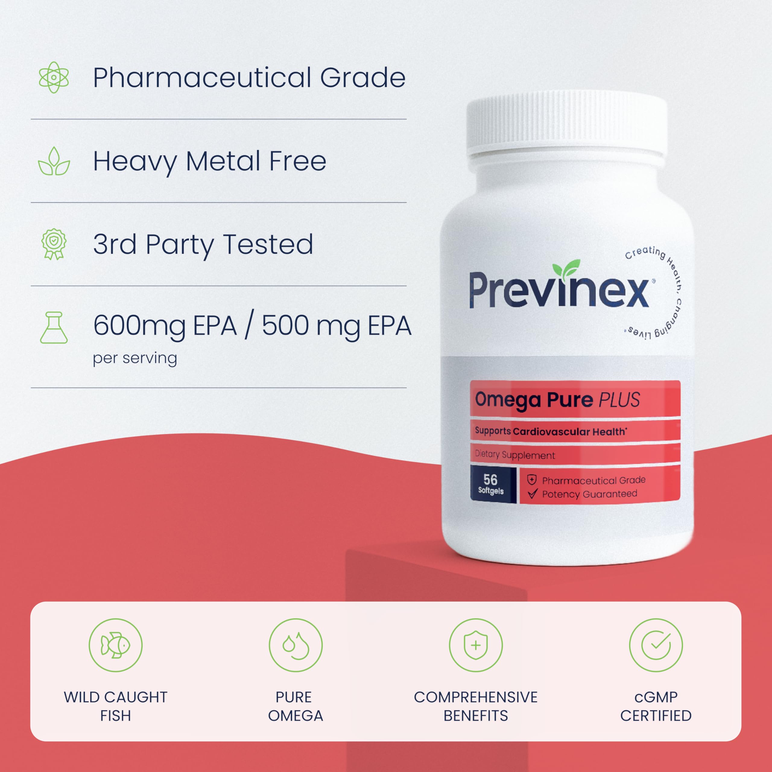 Close-up of Previnex Omega Pure Plus softgels for convenient daily use.