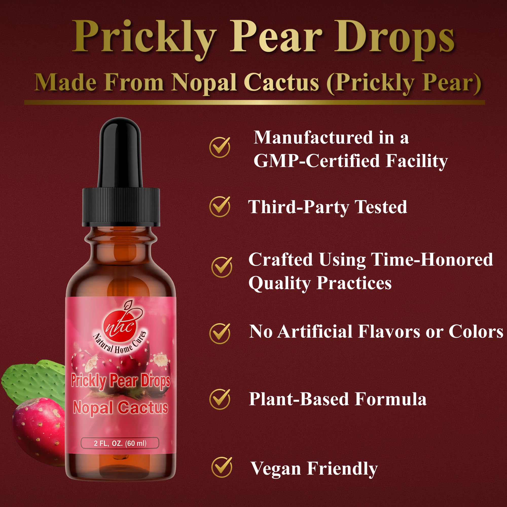 Prickly pear extract bottle close-up highlighting betalains and nutrients