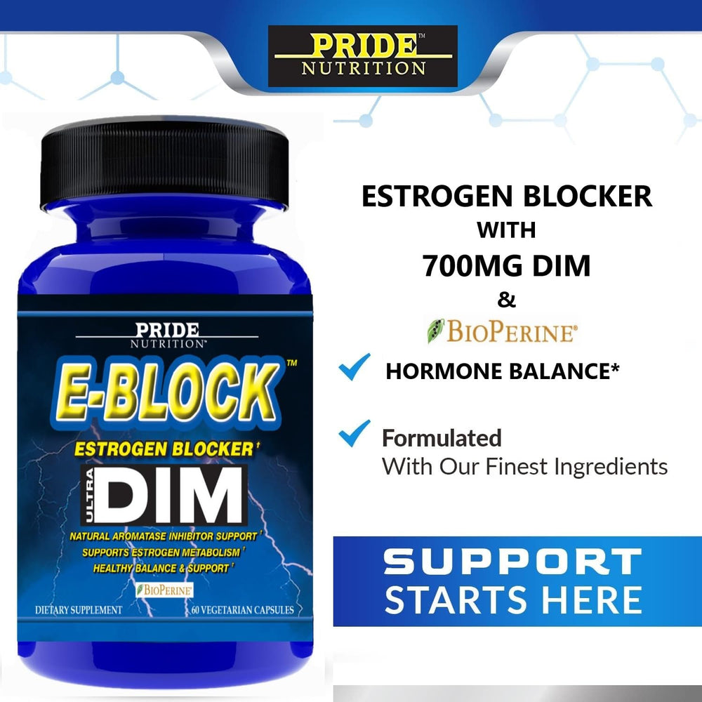 Pride Nutrition E-Block DIM 700mg bottle on kitchen counter supports convenient daily routine.