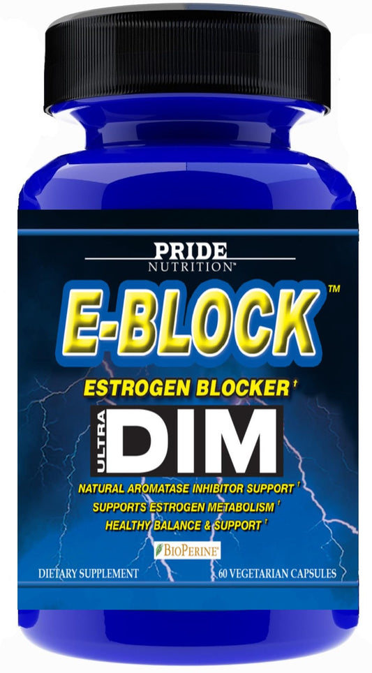 Pride Nutrition E-Block DIM 700mg bottle shown for daily hormone balance potential.
