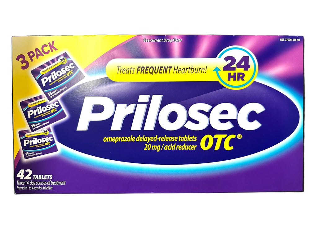 Prilosec OTC 3-pack bottle pictured, convenient daily relief for heartburn prevention.